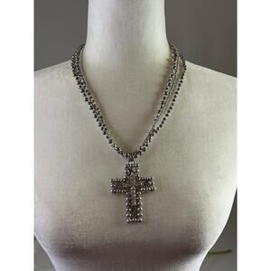 Silver Tone Multi Strand Chunky Cross Necklace Statement